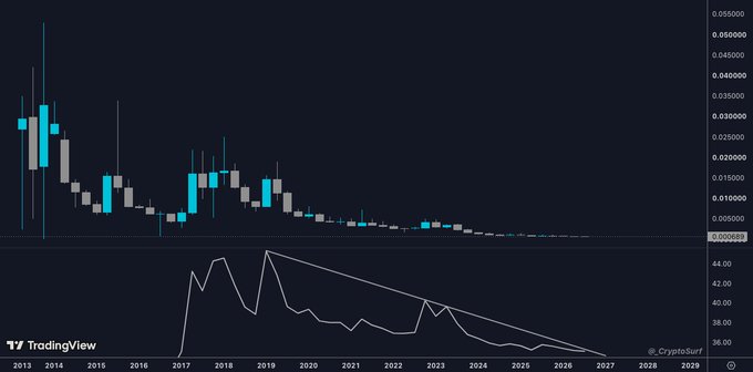 A TradingView chart displays Litecoin's ($LTC) monthly price action from 2014 to 2029, showing a steep decline from highs around $0.055 to current levels near $0.000993, paired with an RSI indicator trending downward within a descending wedge pattern, suggesting the bullish reversal the post hints at.