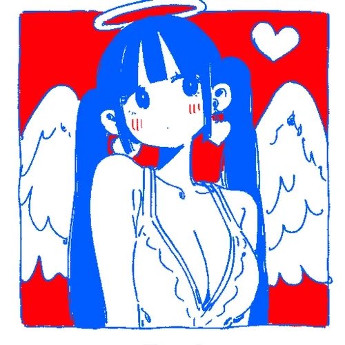 A stylized blue-haired angel with white wings and a halo, set against a bold red background with a small heart in the corner, captures the celestial and romantic aesthetic suggested by the post's reference to "Chromatica Angels." The striking blue-and-red color palette reflects the vibrant, otherworldly beauty of the referenced collection.