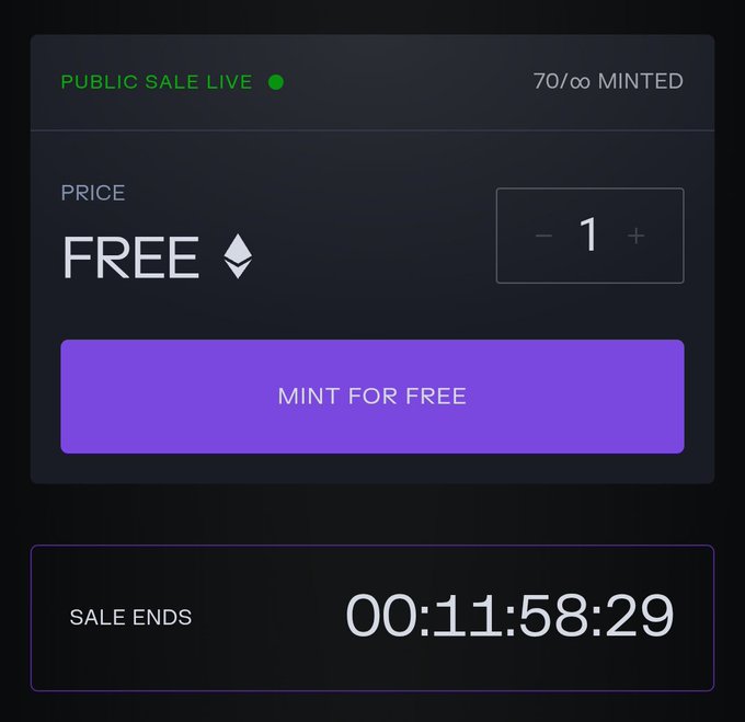 An NFT minting page showing 'PUBLIC SALE LIVE' with a price of FREE, an Ethereum symbol, a 'MINT FOR FREE' button, and a countdown timer ending in 00:11:58:29.