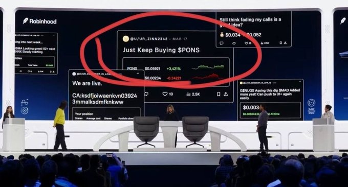 A Robinhood presentation stage displays a slide reading "Just Keep Buying $PONS" circled in red, alongside various social media-style posts.