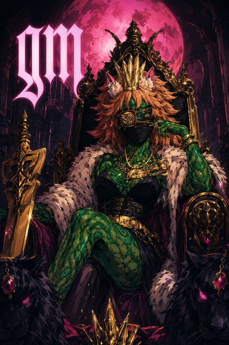 A fantasy illustration depicts a green-scaled figure wearing a crown and mask, seated on an ornate throne holding a large golden sword, with 'gm' displayed in gothic text.