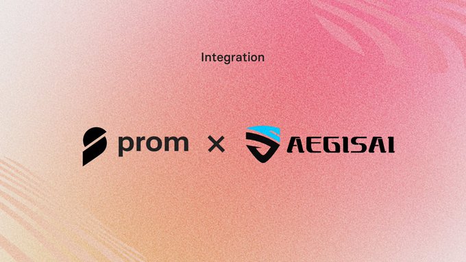 A graphic announcing an "Integration" between Prom and AEGISAI, displayed against a pink-to-orange gradient background with the two company logos separated by an "x."