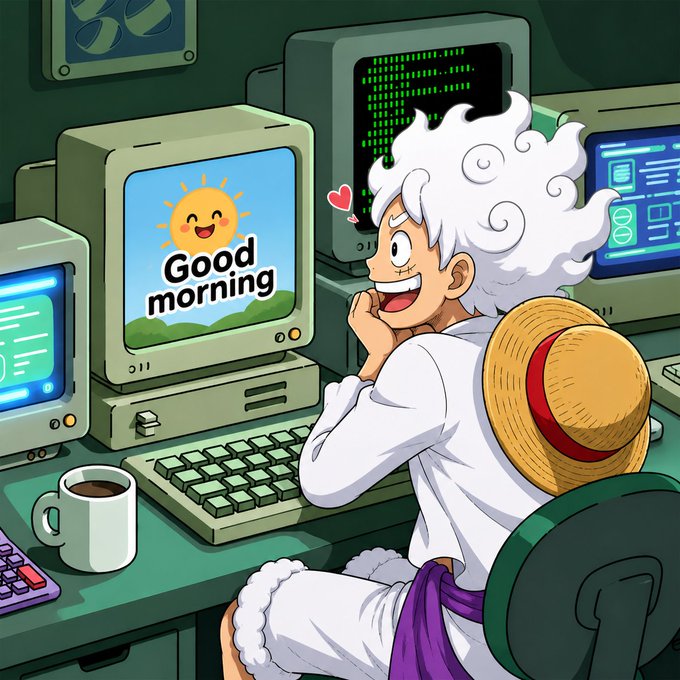 An anime-style illustration of a character with white hair and a straw hat smiling at a retro computer displaying 'Good morning' with a cute sun.