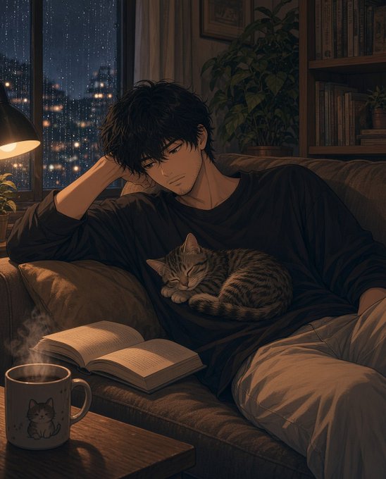 An anime-style illustration shows a young man with dark hair sitting on a couch holding a sleeping tabby cat, with an open book, a steaming mug featuring a cat design, and a rainy city skyline visible through the window.