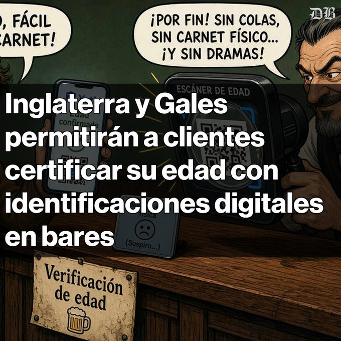 An illustration showing a person holding a smartphone displaying an age confirmation QR code and a bar employee using an age scanner, with Spanish text overlay reading 'Inglaterra y Gales permitirán a clientes certificar su edad con identificaciones digitales en bares'.