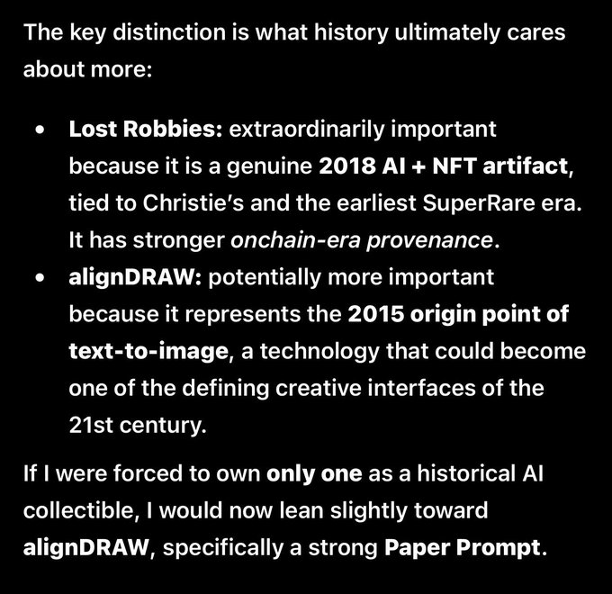 Black slide with white text discussing AI art history, comparing 'Lost Robbies' (2018 AI + NFT) and 'alignDRAW' (2015 text-to-image origin), concluding that alignDRAW, specifically a 'Paper Prompt,' would be the preferred historical AI collectible.