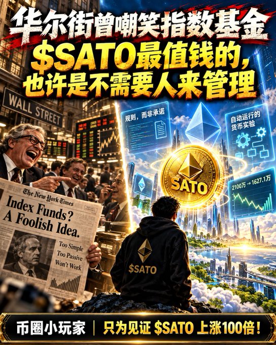 An ad image mocking Bitcoin, comparing it to a 1970s New York Times article about index funds, with Chinese text about Wall Street mocking index funds and claiming $SATO is the 'most valuable coin' managed automatically, promising 100x returns.