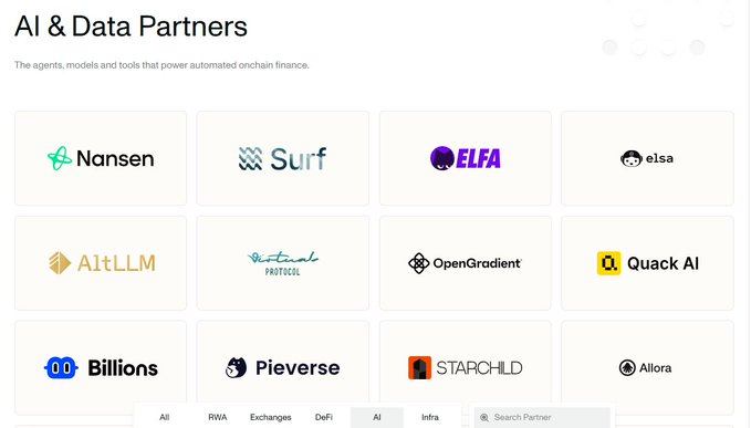 The image shows the "AI & Data Partners" section of the Mantle ecosystem page, featuring a grid of partner logos including Nansen, Surf, ELFA, elsa, A1tLLM, Virtual Protocol, OpenGradient, Quack AI, Billions, Pieverse, STARCHILD, and Allora, with filter tabs at the bottom.

The image supports the post by visually confirming Quack AI's placement on the Mantle ecosystem page under "AI & Data Partners," appearing on the right side of the middle row (second shelf on the right) alongside other AI tools, which contextualizes Quack AI's claim about handling post-decision execution gaslessly via USDC/USDT0 settlement on Mantle.