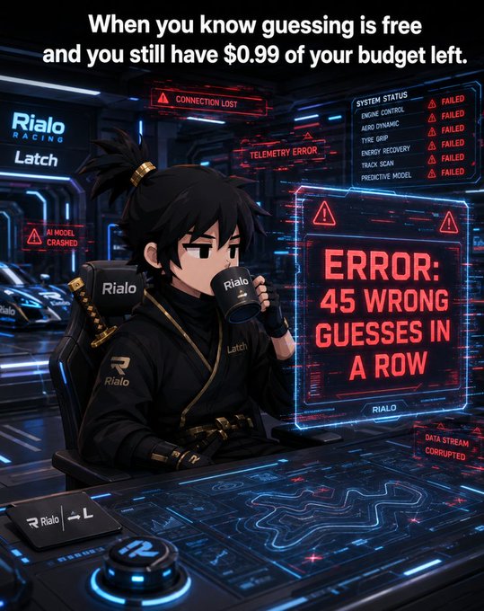 The image shows an anime character in a racing-style outfit holding a "Rialo" coffee mug, surrounded by error alerts displaying "ERROR: 45 WRONG GUESSES IN A ROW," "TELEMETRY ERROR," "CONNECTION LOST," and a system status panel showing multiple "FAILED" checks including engine control, aero dynamic, and energy recovery.

The meme humorously illustrates the post's point about AGP strategy: despite the text claiming "guessing is free," the chaotic error displays suggest that relying on free guesses alone can result in 45 consecutive wrong attempts, poking fun at the trade-off between spending USDC on Oracle queries versus using free guesses that may fail repeatedly.