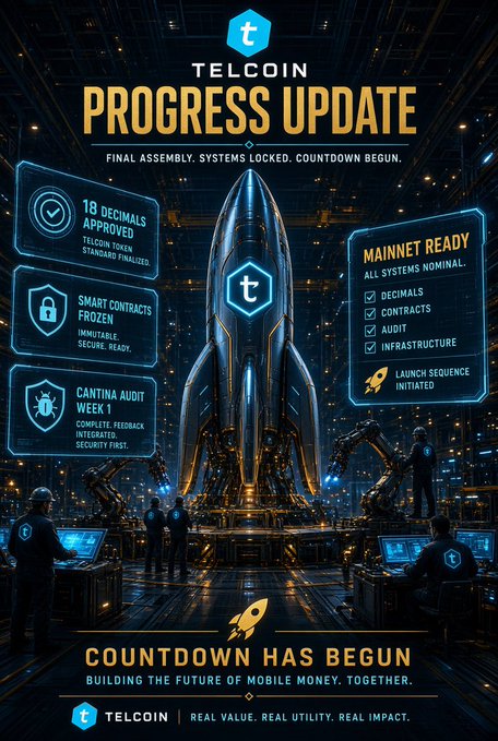 A Telcoin 'PROGRESS UPDATE' graphic featuring a rocket and futuristic facility, highlighting milestones like '18 DECIMALS APPROVED', 'SMART CONTRACTS FROZEN', and 'CANTINA AUDIT WEEK 1' with the tagline 'COUNTDOWN HAS BEGUN'.