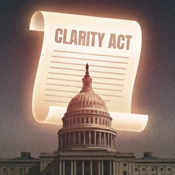 A glowing scroll labeled "CLARITY ACT" hovers above the U.S. Capitol dome, symbolizing the imminent Senate vote on the digital asset legislation announced by Senate Banking Committee Chair Tim Scott.