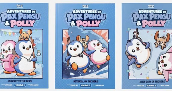 Three comic book covers titled 'Adventures of Pax Pengu & Polly' (Volume 1: Journey to the Berg, Volume 2: Betrayal on the Berg, Volume 3: A New Dawn on the Berg) featuring penguin characters.