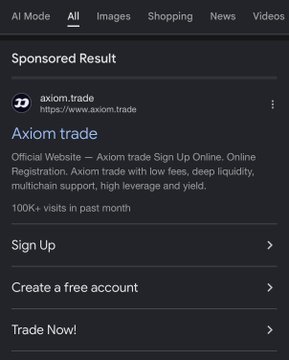 A screenshot of a Google search result displays a sponsored ad for "axiom.trade" using a logo that appears to closely resemble FOMO's branding, featuring an "OX" symbol. The ad links to axiom.trade and includes call-to-action buttons like "Sign Up," "Create a free account," and "Trade Now!"