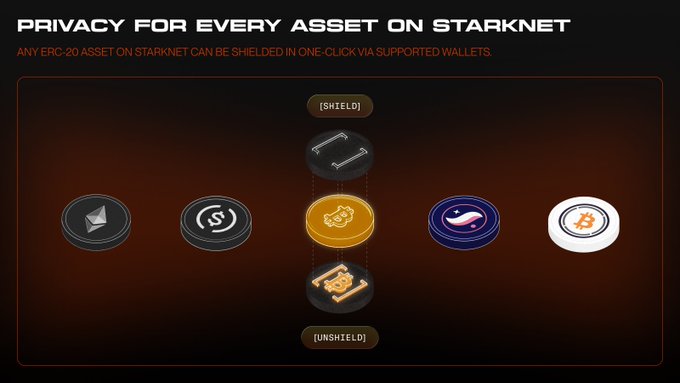 A promotional graphic titled 'PRIVACY FOR EVERY ASSET ON STARKNET' showing various cryptocurrency tokens including ETH, S, and others, with arrows demonstrating the process of converting shielded to unshielded assets.