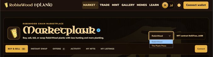 A website interface for RobinWood (sPLANK) Marketplank marketplace showing navigation options like MARKET, TRADE, MINT, GALLERY, MEMES, and LEARN, with a dropdown menu selecting RobinWood or The Plank Press.