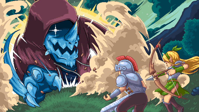 Pixel art illustration of an armored knight and a green-clad archer fighting a giant blue monstrous creature amid a dusty battlefield.