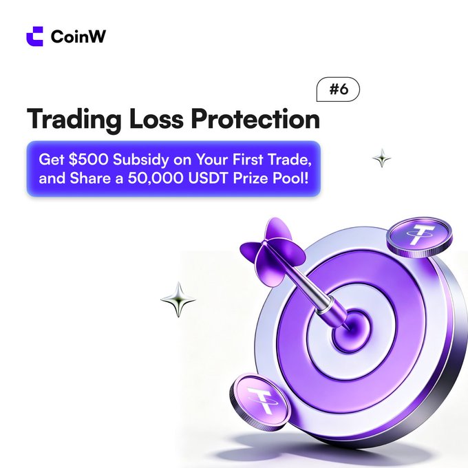 A purple target with a silver dart inside of it, surrounded by coins. The text indicates that you can trade Bitcoin or some other cryptocurrency for an insurance policy against losing your first trade loss.