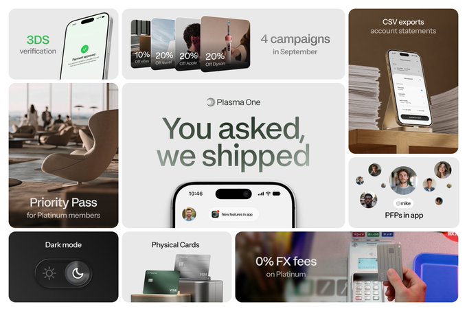 A promotional collage for the Plasma One app featuring features like '3DS verification', '4 campaigns in September', 'Priority Pass', 'Dark mode', 'Physical Cards', and '0% FX fees on Platinum'.