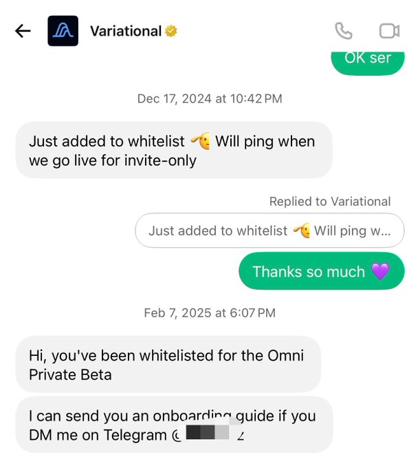 A screenshot of a Telegram chat with "Variational" dated Dec 17, 2024–Feb 7, 2025, where the user was added to a whitelist and promised an "Omni Private Beta" onboarding guide—suggesting they caught Variational early before it became a widely recognized crypto opportunity, aligning with the poster's regret about fumbling an early gem.
