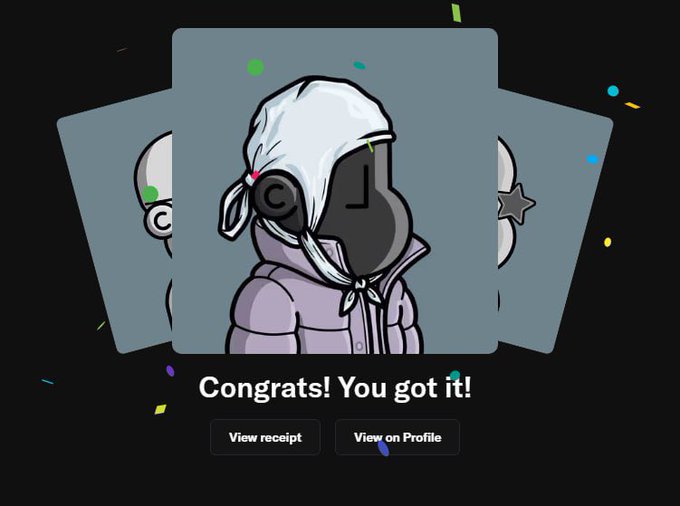 The image features a webpage with an illustration of a character wearing a white hat, which appears to be a cartoon or a character from a video game. The character has a scarf wrapped around their neck. The background of the image is black, making the character stand out even more. The text on the page congratulates the user for completing 4 NFTs and mentions that they are currently holding 7 NFTs. The post also includes a link to view the profile of the character in question.