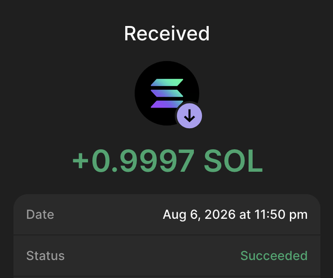 A successful crypto wallet notification showing a receipt of +0.9997 SOL on Aug 6, 2026 at 11:50 pm, responding to the user's curious post asking who is sending them SOL.