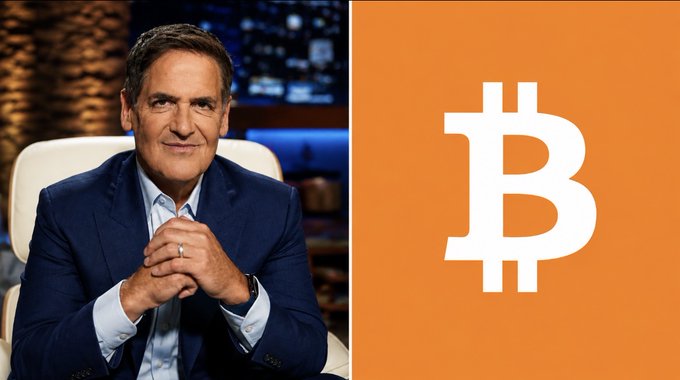 Billionaire Mark Cuban sits on the left side of a split image, smiling in a navy suit, while a large white Bitcoin (₿) symbol is displayed on an orange background to the right. The image visually links Cuban's recent prediction that computer chips will become "the new crypto" with the Bitcoin logo, highlighting the shifting landscape where traditional Bitcoin miners like Bitdeer are pivoting to AI and chip-related ventures.