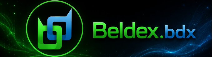 A Beldex (.bdx) cryptocurrency logo with green and blue stylized design elements on a dark background.