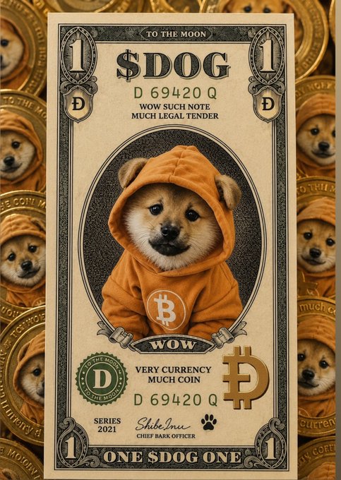 A parody dollar bill design featuring a Shiba Inu dog in an orange Bitcoin hoodie, titled "$DOG" with the meme text "WOW SUCH NOTE MUCH LEGAL TENDER" and "VERY CURRENCY MUCH COIN," referencing Dogecoin.