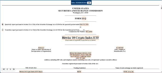 The header of an SEC Form 10-Q filing for the Bitwise 10 Crypto Index ETF, filed with the United States Securities and Exchange Commission in Washington DC, listing Bitwise Investment Advisers, LLC as the depositor.