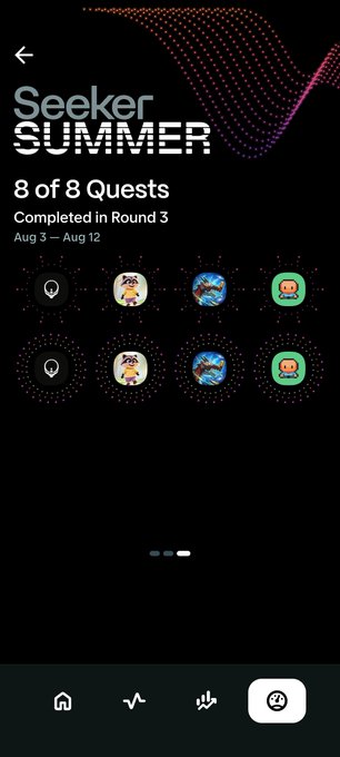 A mobile app screen titled 'Seeker SUMMER' showing '8 of 8 Quests Completed in Round 3' between 'Aug 3 – Aug 12', with a grid of completed quest icons.