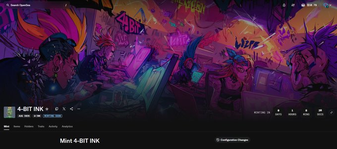 A vibrant cyberpunk-style illustration for the '4-BIT INK' NFT collection on Solana, featuring stylized characters with colorful hair in a neon-lit room, with text reading 'Mint 4-BIT INK' and 'Solana OpenSea'.
