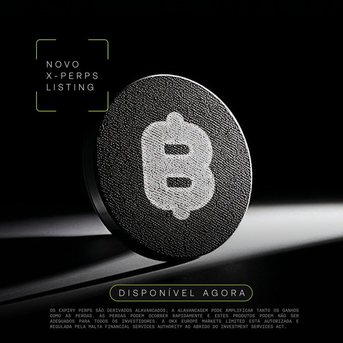 A promotional advertisement announces a 'NOVO X-PERPS LISTING' with the text 'DISPONÍVEL AGORA' (Available Now) displayed beneath a textured circular emblem, including regulatory text in Portuguese.