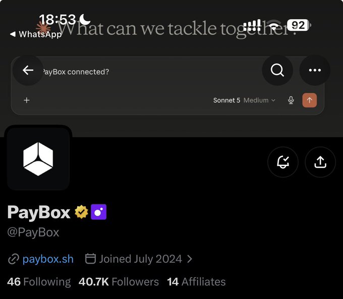The image shows a Twitter/X profile for PayBox (@PayBox), verified with a checkmark, displaying 40.7K followers, a link to paybox.sh, and a prompt asking "PayBox connected?" with "Sonnet 5 Medium" selected as the model. The post references @PayBox, suggesting the user wants to send SOL cryptocurrency to followers through this platform.