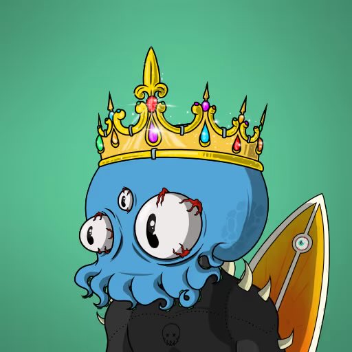 A cartoon illustration of a blue octopus wearing a gold crown and black spiked armor, holding a yellow shield.