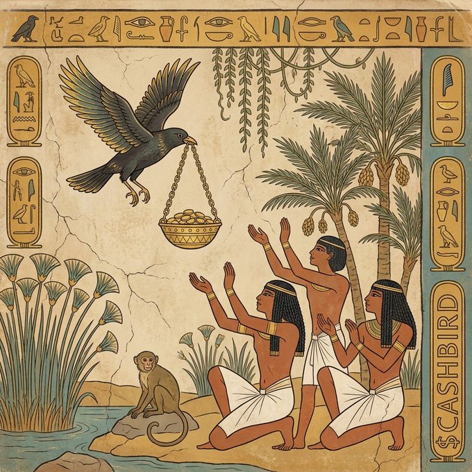 An ancient Egyptian-style illustration depicts three kneeling figures and a monkey reaching toward a black bird carrying a bowl of gold coins, framed by hieroglyphics and cartouches reading "$CASHBIRD." The artwork ties into the post's promotion of the $CASHBIRD token from the $CASHCAT launchpad, using the gold-bearing bird as a visual metaphor for the coin's potential value.