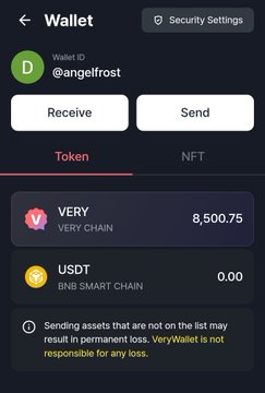 The image shows a wallet interface with a user ID @angelfrost displaying a balance of 8,500.75 VERY tokens on Very Chain and 0.00 USDT on BNB Smart Chain, along with Send and Receive buttons. The screenshot confirms the successful receipt of 8,500 VERY tokens to the Verychat Wallet as mentioned in the accompanying post.