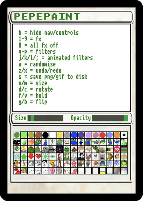 A digital art tool interface titled 'PEPEPAINT' showing keyboard shortcuts and a grid of meme and character emojis, with a retail price tag of $9.99 in the corner.
