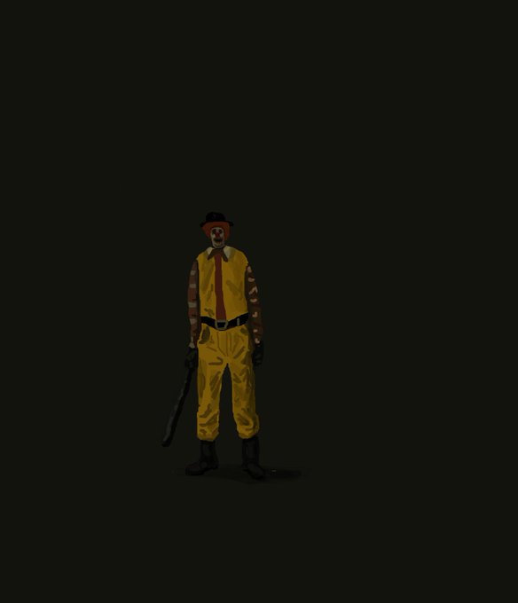 A dark, minimalist illustration of a clown-like figure wearing a yellow jumpsuit and red nose, holding a weapon against a black background.