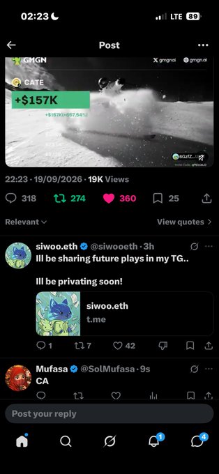 A screenshot of a social media post on a dark-themed app showing a meme coin called '$CATE' on GMGN with a gain of +$157K (+16617.54%), posted on 19/09/2026 with 19K views, 318 comments, 274 reposts, 360 likes, and 25 saves.