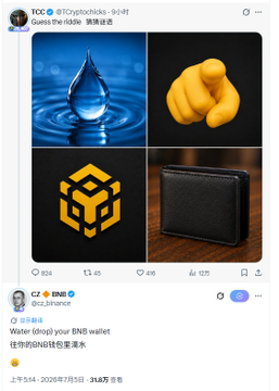 The image shows a social media post by TCC (@Tryptophlicks) featuring a 2x2 grid containing a water droplet, a pointing hand emoji, the Binance logo, and a BNB wallet, captioned "Water (drop) your BNB wallet" in Chinese. CZ's reply confirms the BNB wallet hint, connecting to the post's narrative about TCC signaling wallet drop airdrops that CZ appears to acknowledge before official announcements.