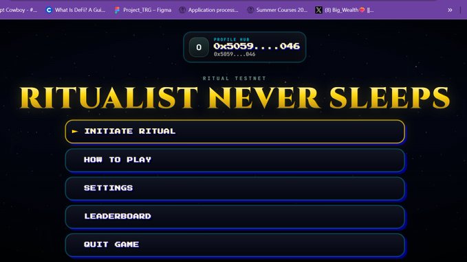 A dark-themed game menu screen titled 'RITUALIST NEVER SLEEPS' with a 'WALLET ADDRESS 0xc5059...046' displayed at the top and menu options including 'INITIATE RITUAL,' 'HOW TO PLAY,' 'SETTINGS,' 'LEADERBOARD,' and 'QUIT GAME.'