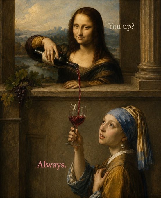 A humorous edit combining Vermeer's Mona Lisa (pouring wine) with Girl with a Pearl Earring (holding a wine glass catching it), captioned "You up?" and "Always."