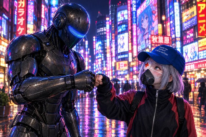 A figure in futuristic black armor and a young woman wearing a gas mask and blue cap bump fists in a vibrant neon-lit Tokyo street with anime billboards and Japanese signage. The image visually echoes the post's welcoming gesture by depicting a human-and-tech partnership in a cyberpunk setting, symbolizing the "Arc family" community of tools and users coming together.