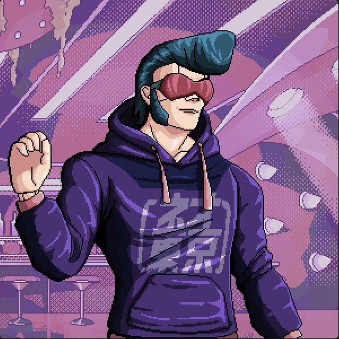 An anime-style pixel art illustration of a man with teal hair and sunglasses wearing a purple hoodie with 'FAZER' text, standing in a neon-lit club setting.