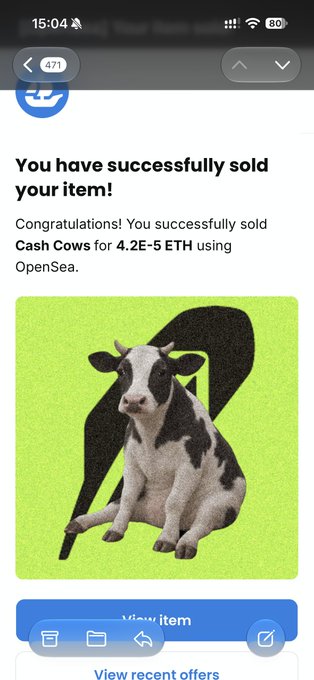 A mobile phone screenshot showing a successful NFT sale notification on OpenSea for 'Cash Cows' at 4.2E-5 ETH, featuring an image of a black and white calf on a green background.