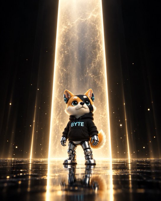 A 3D-rendered robotic Shiba Inu dog wearing a black 'BYTE' hoodie, standing in a beam of golden light against a dark background.