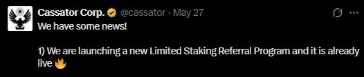The image features a screenshot of the main post from Cassator Corp., which appears to be a social media update, possibly for a business or company. The post includes an interesting image of a bird's eye view. There are three emojis in the image: one representing the word "live" with a lion symbol; another one showing the bird's eye view, and the third one being a thumbs-up sign. 

The main text on the post states that Cassator Corp. is launching a new limited stake-taker reference program, and it is already live. It also mentions that this program will be available to anyone who wants to benefit from it for six months or less. The post seems to be promoting an offer related to finance or investments with a bird's eye view of the stock market.