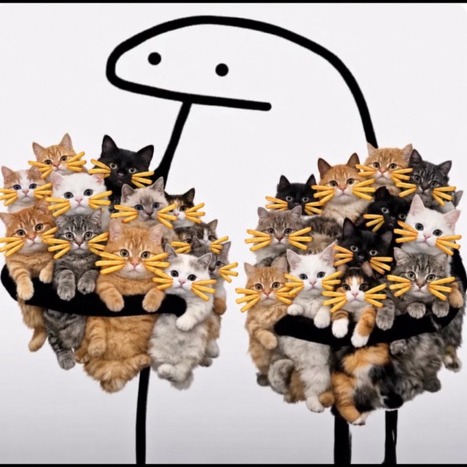 A stick figure drawing features hands overflowing with numerous kittens of various colors, each with french fries arranged like whiskers around their faces.