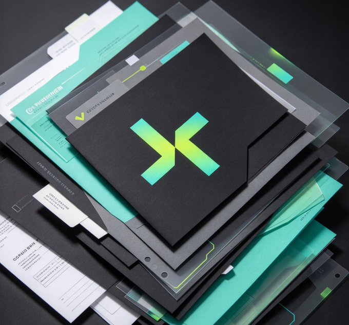 A 3D-rendered stack of layered documents and folders in black, white, and teal, featuring a prominent black cover with a gradient green-to-cyan 'X' logo and text like 'DESIGN COMPANY' and 'BACK TO DEVELOPMENT'.