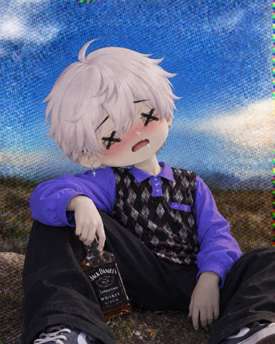 An anime-style character (chibi) with white hair, X-shaped eyes, and blushing cheeks, wearing a blue shirt and patterned vest, sitting on grass holding a bottle of Jack Daniel's Tennessee Whiskey.